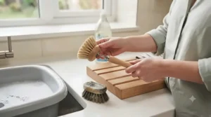 Replacing the detachable head on a refillable scouring brush for pots and pans during kitchen cleanup.
