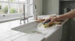 Heavy-duty scourer sponge removing burnt-on grease from a stainless steel baking tray.