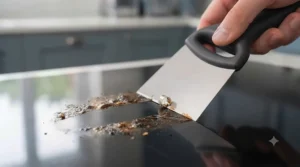 Cooker scraper effortlessly removing burnt-on grease from a glass oven door.