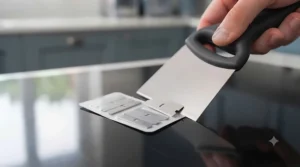 Pack of spare metal replacement blades for a ceramic hob scraper.