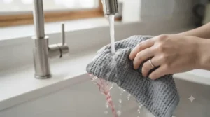 A reusable antibacterial dishcloth being rinsed clean under a kitchen tap for sustainable home cleaning.