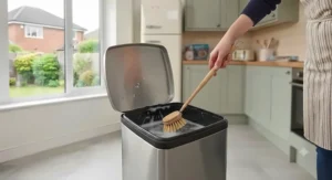 Rinsing out soapy residue from a kitchen bin and leaving it open to air dry in the sunshine.