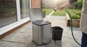 Rinsing out a metal pedal bin with hot water from a garden hose in a UK back garden.