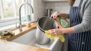 The removed inner bucket sitting in a ceramic butler sink, being sprayed with HOMMADE bin cleaner and wiped with a yellow cloth.