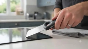Safety locking mechanism on an ergonomic metal oven scraper handle.