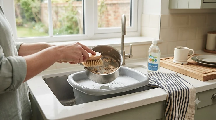 Ergonomic scouring brush for pots and pans cleaning burnt food off a stainless steel saucepan in a modern kitchen sink. scouring brush for pots and pans