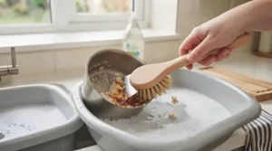 Scouring brush for pots and pans featuring an integrated scraper removing dried porridge from a saucepan.