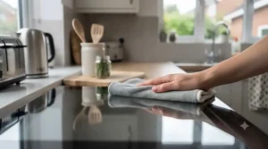Polishing a shiny glass oven door scratch-free using a soft microfibre kitchen cloth.