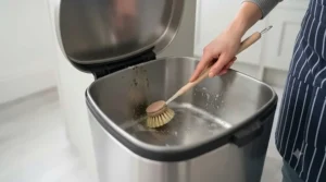 A hand using a long-handled scrubbing brush to clean the interior base of the empty stainless steel bin housing.