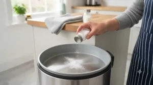 A hand using a long-handled scrubbing brush to clean the interior base of the empty stainless steel bin housing.