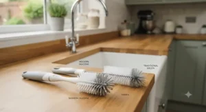 Comparison of silicone and nylon bristle bottle brushes for baby bottles on a clean worktop.