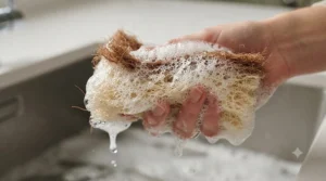 A durable compostable kitchen sponge creating thick soapy suds during daily washing-up.