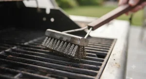 Close-up of durable stainless steel bristles on a grill brush for BBQ maintenance.