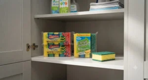 A tidy stack of spare kitchen sponges stored neatly in a utility room cupboard for easy stock rotation.