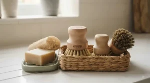 Complete plastic-free dishwashing kit including an eco-friendly washing-up brush, loofah sponge, and wooden scourer.