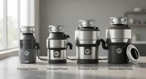 Lineup of the best food waste disposer models showing varying sizes and grinding capacities for UK kitchens.
