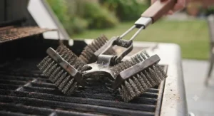 Triple-headed grill brush for BBQ covering more surface area on cast iron grates.