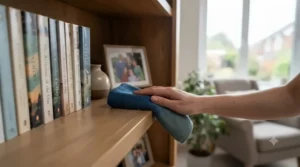Using a versatile microfibre cloth to dust a British home living room shelf.