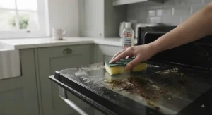 Using a heavy-duty scourer sponge to wash up dinner plates in a ceramic kitchen sink.