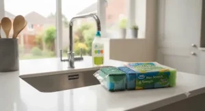 A multipack of eco-friendly washing-up sponges sitting neatly next to washing-up liquid by a stainless steel kitchen sink in a UK home.