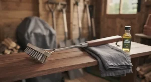 A clean grill brush for BBQ packed alongside summer garden equipment.
