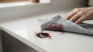 A person wiping down a kitchen worktop with an antibacterial cloth to remove grease and grime.