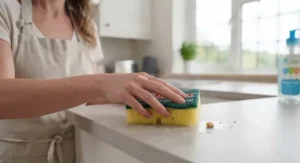 Wiping down a clean granite kitchen worktop with a damp antibacterial sponge to remove germs.