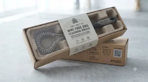 Eco-friendly packaging for the premium wire-free BBQ cleaning brush, making it an ideal gift for British grill enthusiasts.