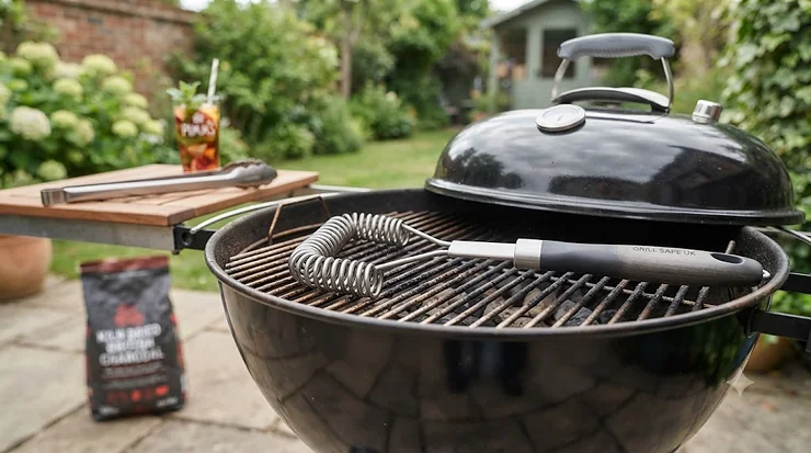 A sturdy wire-free BBQ cleaning brush resting on a stainless steel grill, ready for safe British summer garden cooking. wire-free BBQ cleaning brush