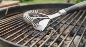 The integrated metal scraper on the wire-free BBQ cleaning brush tackling stubborn burnt-on grease on a cast-iron grate.