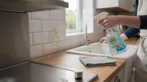 Multi-surface cleaning spray lifting grime from white ceramic kitchen wall tiles and grout near the food preparation area.