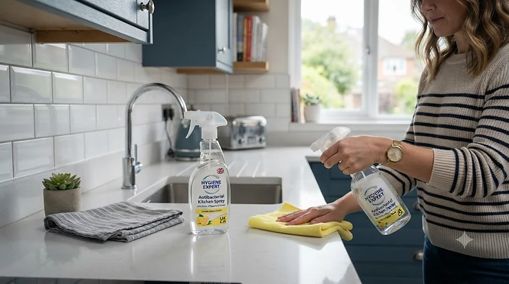 A bottle of antibacterial kitchen spray next to a gleaming stainless steel sink on a modern British kitchen worktop. antibacterial kitchen spray