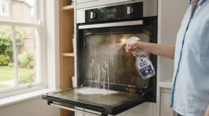 Applying a thick non-toxic oven glass formula onto a greasy cooker window using a soft cloth