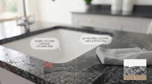 Warning icon and citrus fruit next to an unsuitable cleaner, contrasted with a safe kitchen spray for granite worktops.