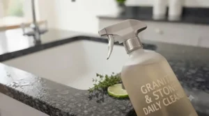 Close-up of a trigger-action kitchen spray for granite worktops resting next to a kitchen sink.