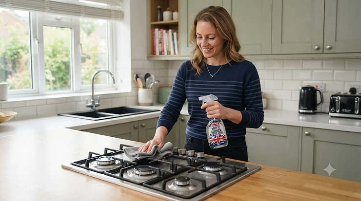 A bottle of powerful kitchen degreaser next to a sparkling clean hob in a modern British family kitchen. kitchen degreaser