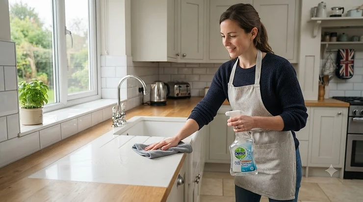 A sparkling British kitchen countertop being wiped down with a multi-surface spray and microfibre cloth, showing a clean stainless steel sink and kettle in natural daylight. multi-surface cleaner for kitchens