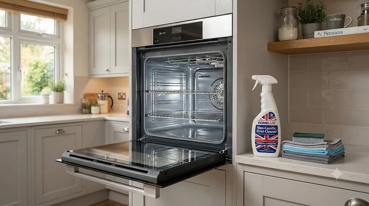A gleaming clean oven interior after using a safe, fume-free non-caustic oven cleaner in a modern British kitchen. non-caustic oven cleaner