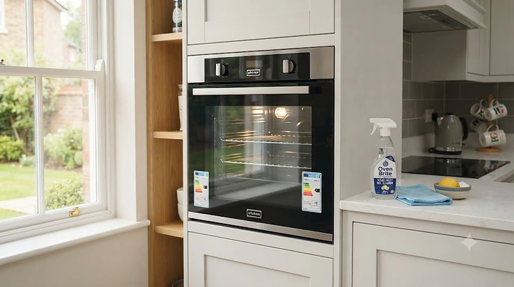 Sparkling clean oven glass door in a modern British kitchen, demonstrating the results of a powerful glass oven cleaner oven cleaner for glass doors