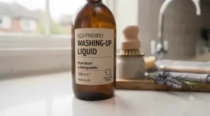 Eco-friendly washing-up liquid labelled as cruelty-free, vegan, and biodegradable.