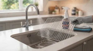 Biodegradable non-caustic oven cleaner bottle displayed on a wooden worktop with green leaves representing eco-friendly cleaning.