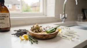 Natural plant extracts and botanical ingredients used in eco washing-up liquid.