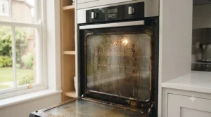 Close-up of a dirty oven glass door covered in burnt-on grease and brown stains before using a cleaner