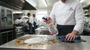 A professional catering kitchen utilizing a heavy-duty commercial kitchen degreaser on stainless steel worktops.