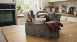 A complete set of oven rack cleaning tools neatly organised inside a compact household caddy.