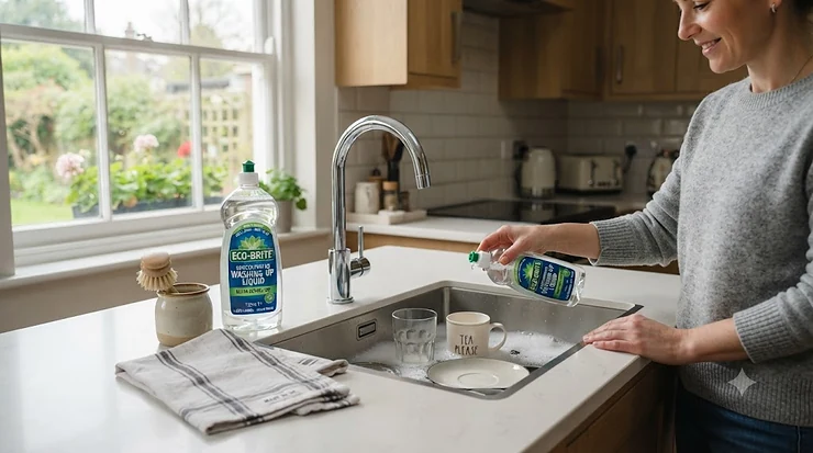 A bottle of concentrated washing-up liquid next to a full kitchen sink, highlighting maximum grease-cutting power and household savings. concentrated washing-up liquid value