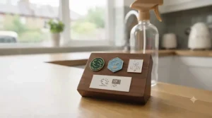 Biodegradable and cruelty-free certification icons for sustainable kitchen cleaning products.