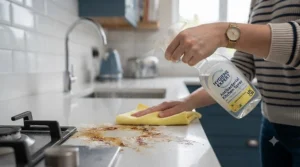 Wiping away cooking grease near a hob using an antibacterial kitchen spray.