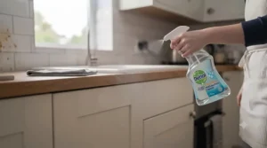 Wiping down painted kitchen cupboard doors and chrome handles with a damp cloth and everyday multi-surface spray.