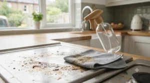 Applying eco-friendly kitchen surface cleaner to wipe away grease from a hob.